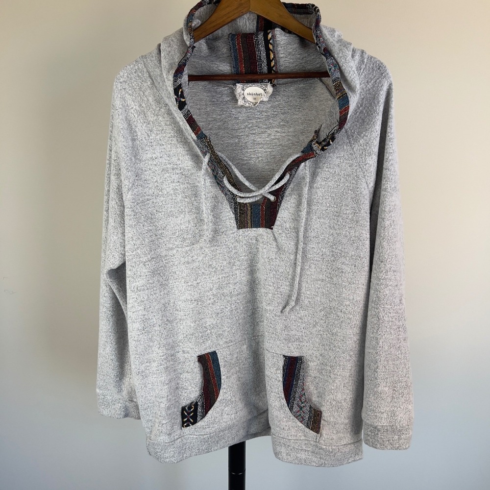 Skonhet Womens 2X Gray Southwestern Lace Up Hoodie Boho Tribal Knit Pullover